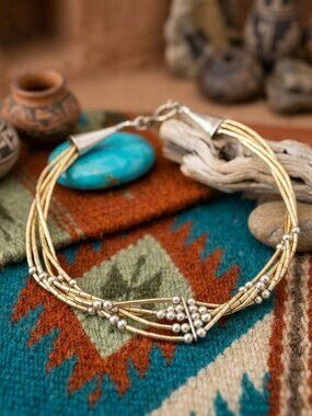 Southwestern Liquid Silver Gold Multi Strand Tube Bead Bracelet 7.5" VTG 925